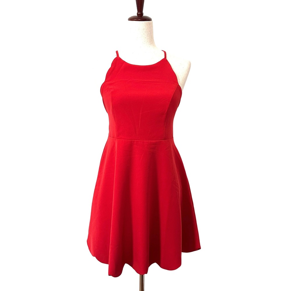 Lulus Red Skater Dress Scalloped Hem Halter Neck Backless Party Mini S
